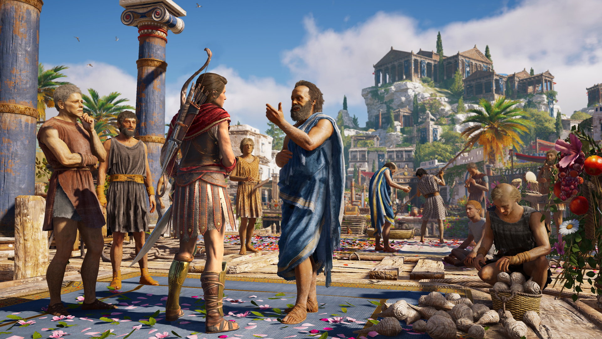 Image of the player talking to Socrates in a busy agora in ancient Athens.